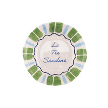 Sardine motif cereal bowl top, white center with green and blue striped border, dark rim