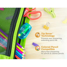 Blue Twist-N-Sharp handheld pencil sharpener shown beside colored pencils and tools