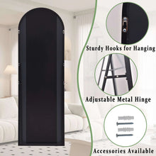 Arched full-length black-framed mirror with adjustable metal hinge and mounting hardware shown.