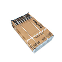 Stacked wardrobe moving boxes with clear straps, brown kraft cardboard label