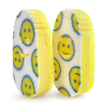 Yellow and white dish scrub sponge refill heads with blue smiley faces, set of two