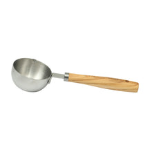 Single stainless steel measuring cup with olivewood handle and metal band