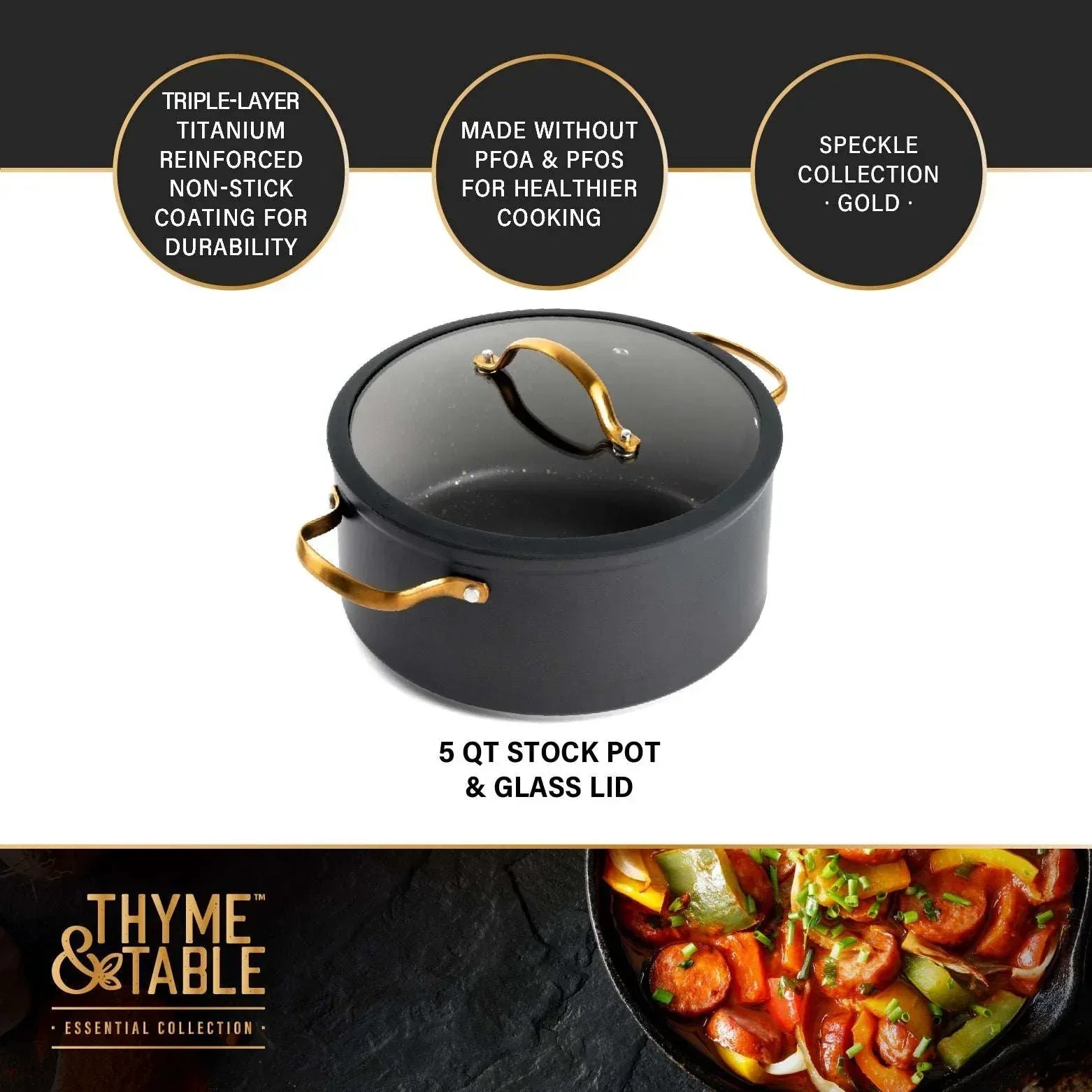 Thyme & Table 5 Qt Non-Stick Stock Pot with Glass Lid in Black & Gold, Signature Collection