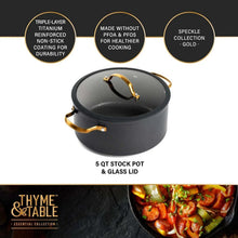 Black non-stick stock pot with clear glass lid and gold-tone handles