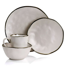 Stoneware mug and matching plate with gold rim, matt white