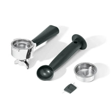 Espresso portafilter, filter basket, and dosing scoop with dark handle