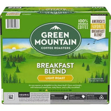 Green Mountain Breakfast Blend K-Cup box, green light-roast coffee packaging