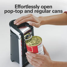Hands operating black and stainless can opener on a pop-top can