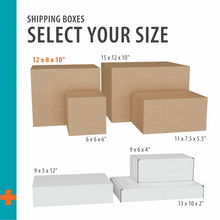 Assorted shipping boxes in brown and white, shown in multiple sizes for selection