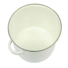 Enamel-on-steel grease strainer cup with speckled linen exterior and silver rim