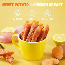 Sweet potato and chicken chew sticks in a yellow bowl, dog treat pieces
