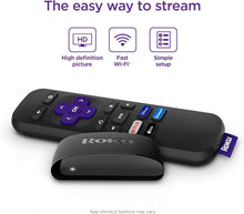 Black Roku remote control with purple navigation buttons and channel shortcuts