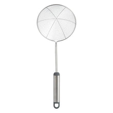 Stainless steel spider wok strainer with circular fine mesh basket and long handle