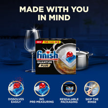 Finish Quantum Plus dishwasher pod package with resealable packaging and cleaning feature icons