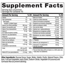 Supplement Facts chart showing vitamins and minerals for gummy servings.