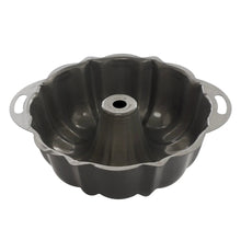 Formed aluminum bundt cake pan with central tube and side handles