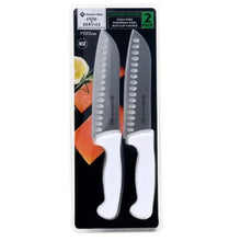 Pair of Santoku slicing knives with white non-slip handles, serrated blade edge