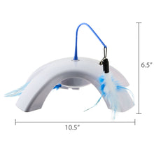 White dual swatter electronic cat toy with blue wand and feather swatter, 10.5 in long