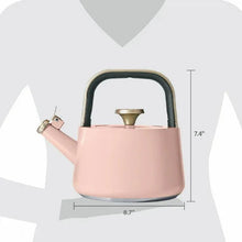 Rose ceramic stovetop tea kettle shown with height and width measurements