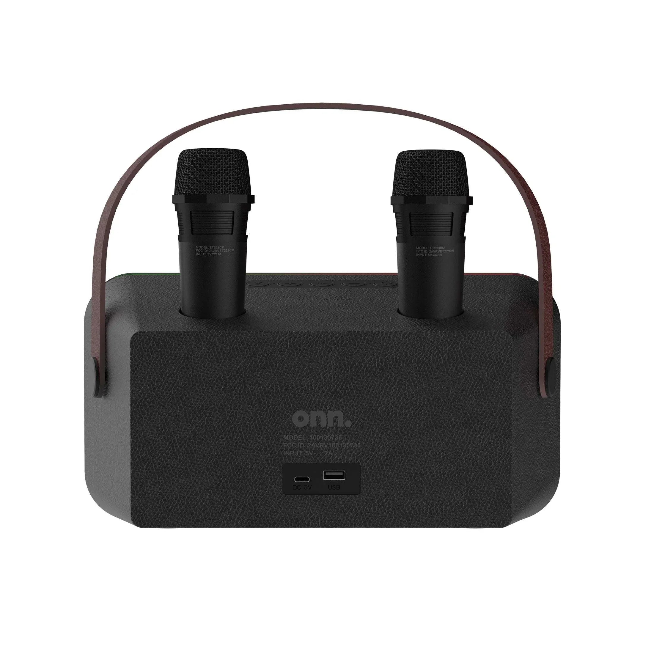 onn Karaoke Machine with 2 Wireless Microphones, LED Party Lights, 9 Hrs Playtime, Bluetooth, Voice Effects