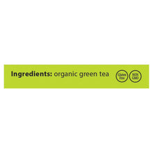 Green tea ingredient label stating organic green tea, gluten free, and non-GMO