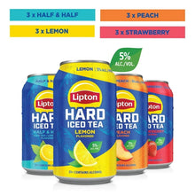 Hard iced tea variety cans: Half & Half, Peach, Lemon, Strawberry; 5% ABV