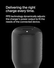 Gray Belkin BoostCharge car charger top view with indicator light