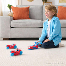 Three-in-one racer play vehicles, red and blue toy cars with web-themed faces