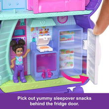 Open sleepover compact playset with fridge shelves, micro doll, and snack storage