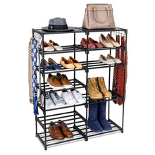 Black shoe organizer with seven wire shelves for shoes, hats, and side-hanging storage.
