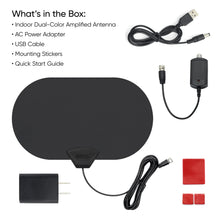 Indoor dual-color amplified antenna kit with AC adapter, USB cable, and stickers