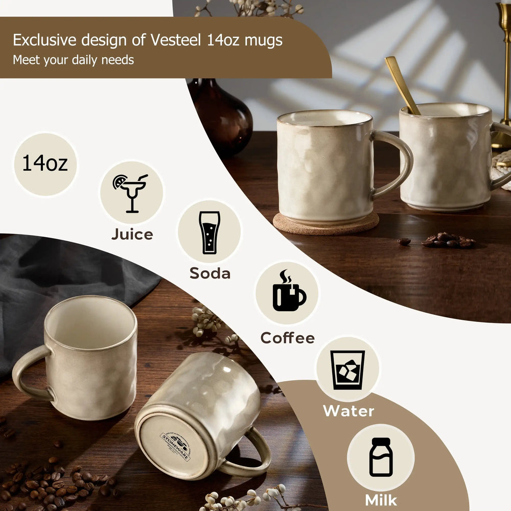 Vesteel Coffee Mug Set of 4, Ceramic Coffee Cups with Handles, 14oz Stoneware Mugs Set for Coffee Tea Milk, Wave Design Mug Gifts for Home Office Restaurant