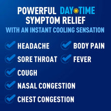 Daytime cold & flu symptom relief list graphic with checkmarks