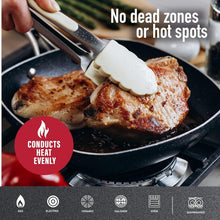 Square nonstick frying pan with speckled dark surface and cooked meat, metal handles.