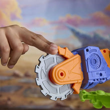 Robot action figure arm detail with orange gear-like wheel and blue mechanical parts