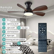 Ceiling fan with light and remote, black finish and brown wood blades