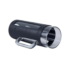 Black glass tumbler with bamboo lid, black silicone sleeve, and metal straw