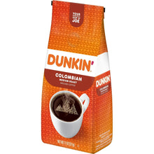 Dunkin' Colombian medium roast ground coffee bag, front label view