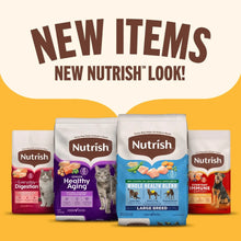 Dry dog food variety bags display with New Items banner