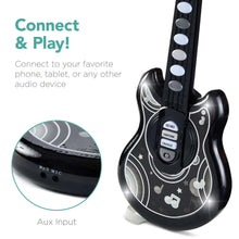 Black kids flash guitar toy with mic, demo buttons, and aux input jack.