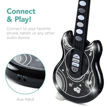 Black kids flash guitar toy with 3.5mm aux input labeled port area