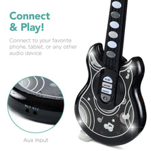 Kids flash guitar toy with aux input, black body with LED light button strip