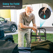 Folding mobility walker with black frame and curved hand grips