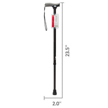 Black height-adjustable walking cane with 23.5 in height and 2.0 in width shown