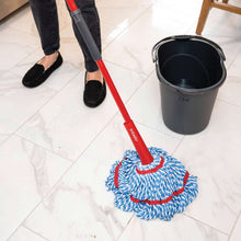 MicroTwist MAX microfiber mop head on tile floor beside a black cleaning bucket