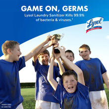 Laundry sanitizer ad with Lysol branding and children cheering in blue shirts