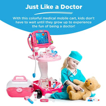 Pink medical mobile cart with screen display and rolling base, plus carrying case