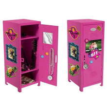 Pink plastic dollhouse locker shown open with beads and accessories, plus closed side