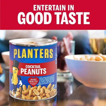 Salted cocktail peanuts can front with PLANTERS branding and red banner headline