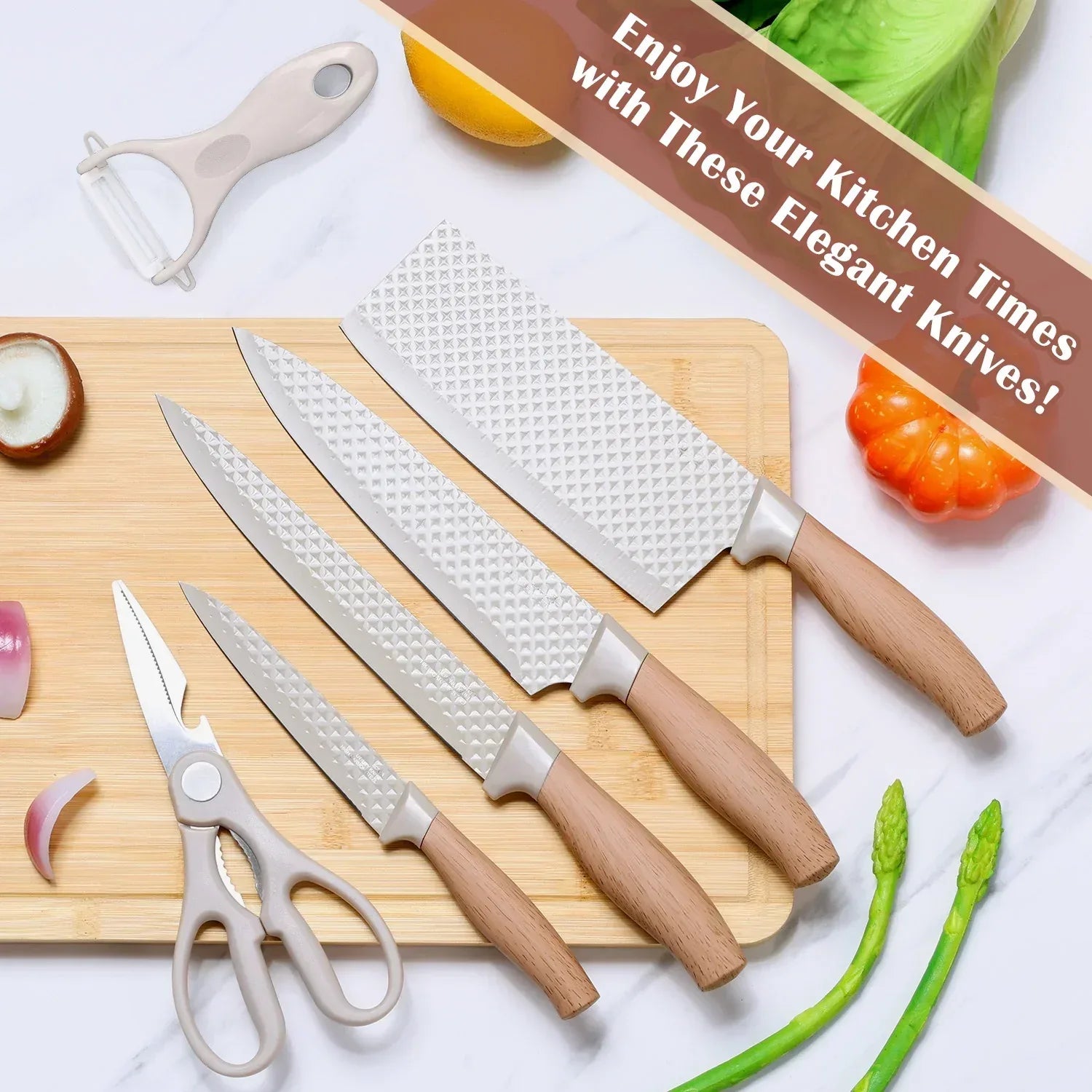 Vesteel Kitchen Knife Set of 7, Professional Stainless Steel Knives Set for Kitchen with Universal Knife Block - Khaki - USA MEGA SHOP
